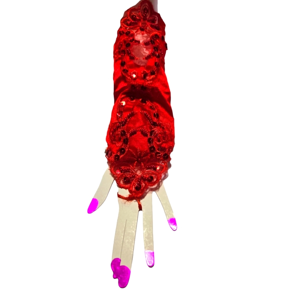 ``RH25779 Vintage Red Elegant Lace Beaded & Sequined Gloves